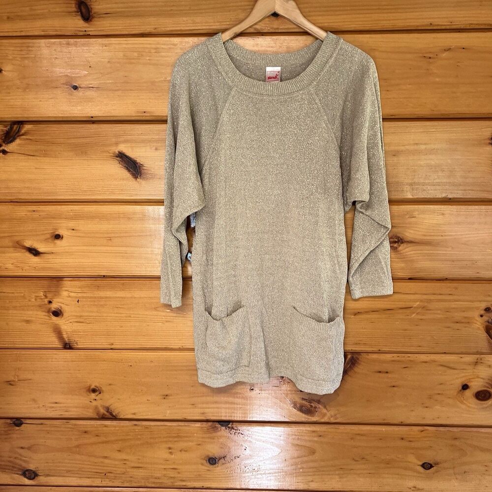 VTG Mondi Dolman Sleeve Knit Metallic Gold Tunic Sweater Size M Vintage Luxury